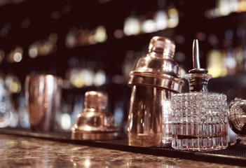 Bartender tools on bar counter