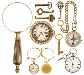 collection of golden vintage accessories, jewelry and objects