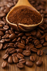 grated coffee in spoon on roasted coffee  beans background