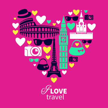 Traveling love. Heart shape with travel icons