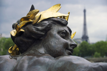 Paris France Eiffel Tower with Statue of Man Gold Crown