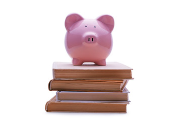 Piggy bank placed on the top of a pile of books