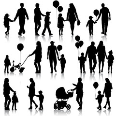 Black set of silhouettes of parents and children on white backgr