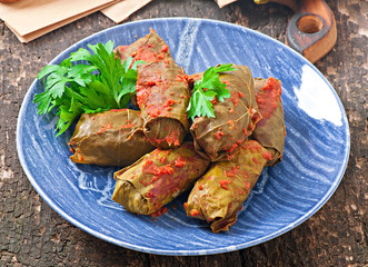 Dolma, stuffed grape leaves, turkish and greek cuisine