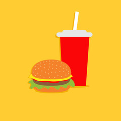 Hamburger and soda with straw. Cinema icon in flat dsign style.