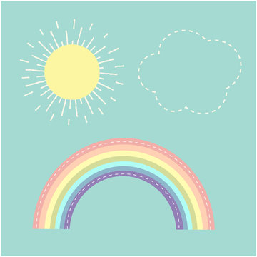 Rainbow, sun, cloud. Dash line. Love card. Flat design.