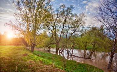 Spring panorama with the river in flood at sunset