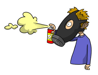 Man in gas mask spraying poison