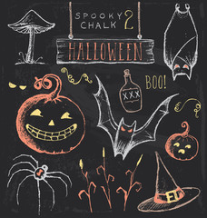 Obraz premium Vintage Chalkboard Halloween Hand Drawn Vector Set 2