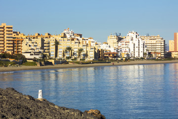 Fototapeta premium buildings by the sea and the beach in La Manga, Murcia, Spain