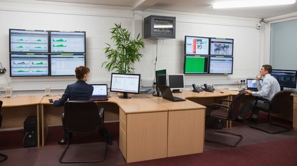 Technicians sitting in office running diagnostics