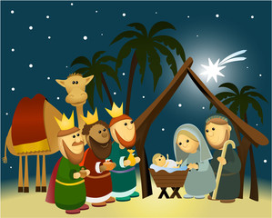 Cartoon nativity scene with holy family
