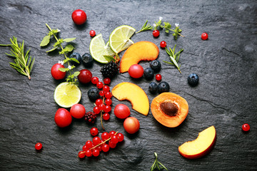 Scattered fresh fruit and berries