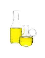 olive oil in glass bottle on white background