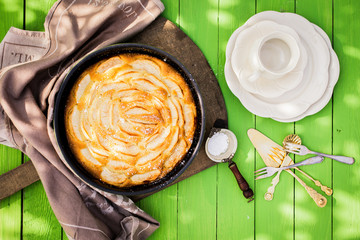 Coffee time in the garden with fresh apple pie
