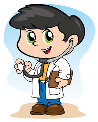 Child with doctor uniform, with stethoscope and clipboard