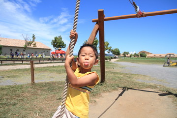Fototapeta premium ターザンロープで遊ぶ幼児(4歳児)