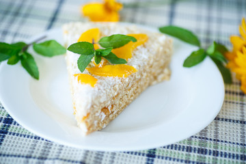 Waffle cake with peaches and cream