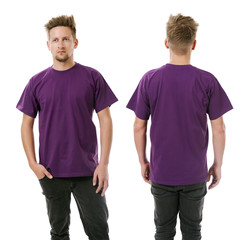 Man posing with blank purple shirt