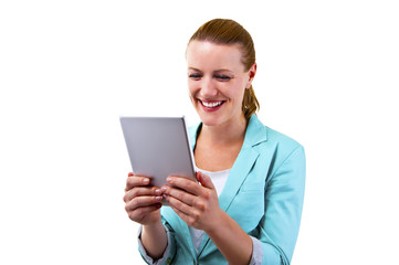 smiling woman with tablet touching