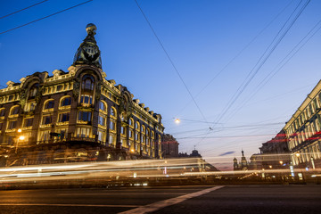 House Zinger on Nevsky Prospekt in St. Petersburg at night illum