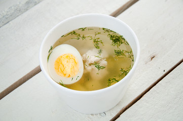 chicken soup with noodles and boiled eggs
