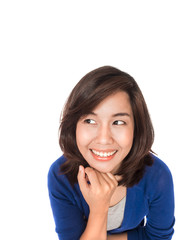 Asian woman thinking in looking pensive and happy in casual clot