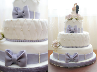 Wedding cake with purple bow on light background