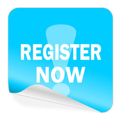 register now blue sticker icon
