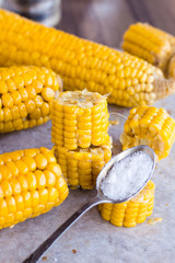 warm corn on the cob, sliced, teaspoon of salt