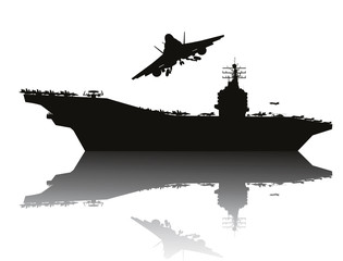 Aircraft carrier and flying aircraft detailed silhouettes