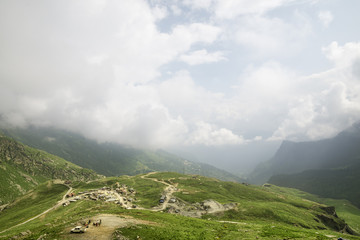 Aerial view of mountain road and village