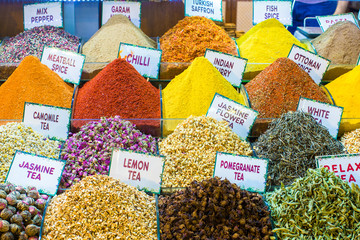 Different sorts of tea and spices on the Egyptian bazaar in