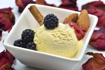 madagascar vanilla ice cream with berries and almonds