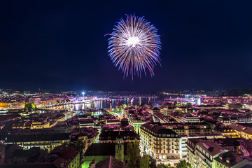 Panoramic view of the city of Geneva at night,, fireworks for th