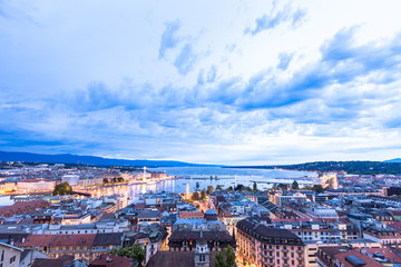 Panoramic night view of the city of Geneva, Lake Geneva