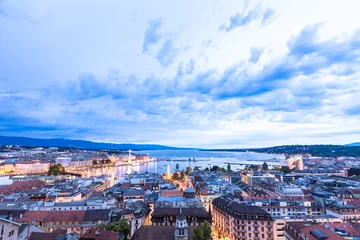 Poster Panoramic night view of the city of Geneva, Lake Geneva © Black-photography