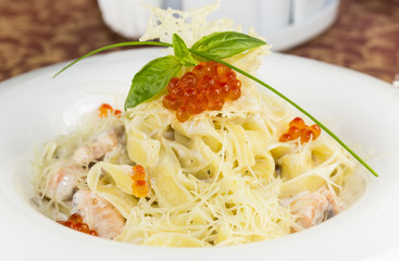macaroni and cheese and salmon caviar