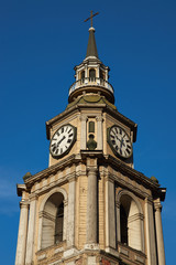 Clock tower of San Francisco church in Santiago