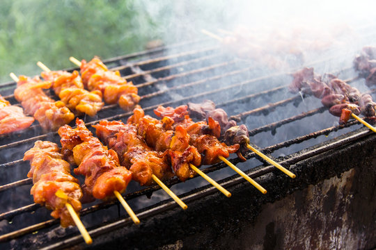 Skewer chicken pieces in a roasting on the grill and smoke