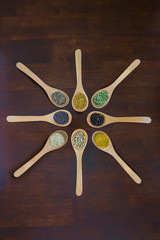 Spices in wooden spoons