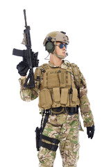 Fototapeta premium Soldier raising up rifle or sniper with white background