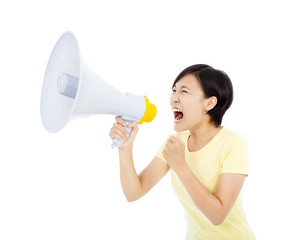 young woman holding megaphone.isolated on white background