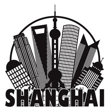 Shanghai City Skyline Black and White Circle Outline Illustratio