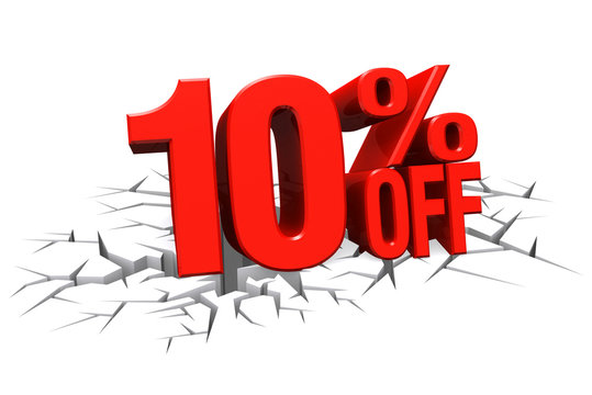 3D render red text 10 percent off on white crack hole floor.