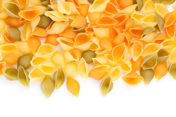 Raw pasta on white background