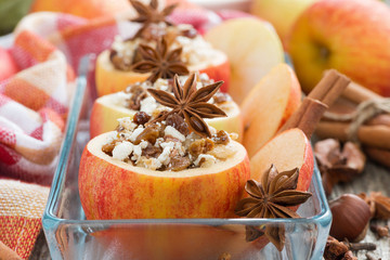 prepared for baking stuffed apples in glass form