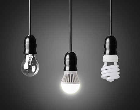 Light bulb,energy saver bulb and LED bulb on black