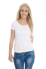 Junge blonde glückliche Frau isoliert in Jeans auf Weiß