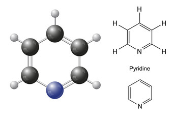 Structural chemical formulas and model of pyridine molecule